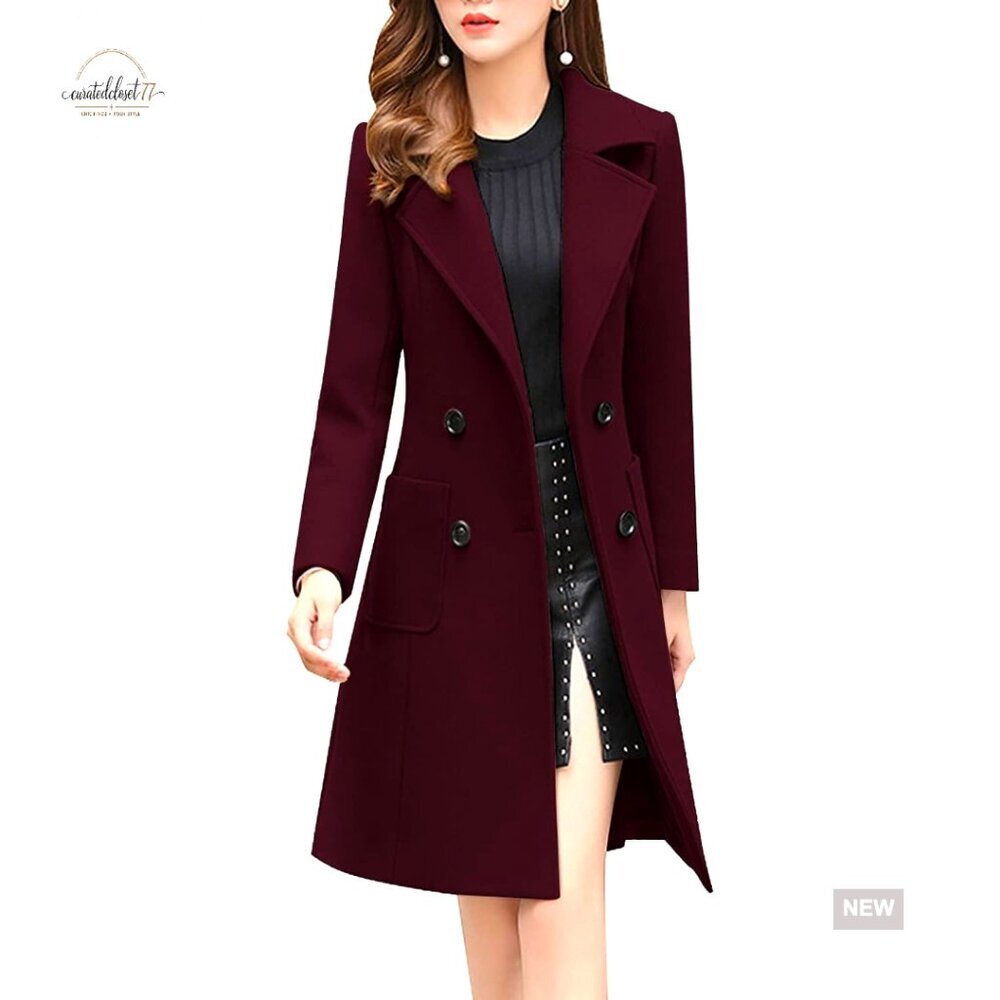 Elegant Wool Blend Pea Coat Double Breasted Notched Lapel Winter Overcoat